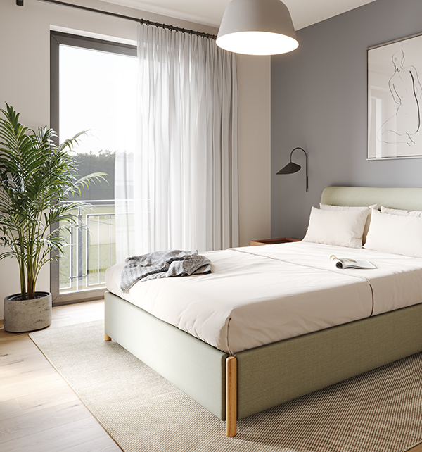 Modernes Schlafzimmer mit großem Bett und bodentiefen Fenstern im AVENIA Quartier